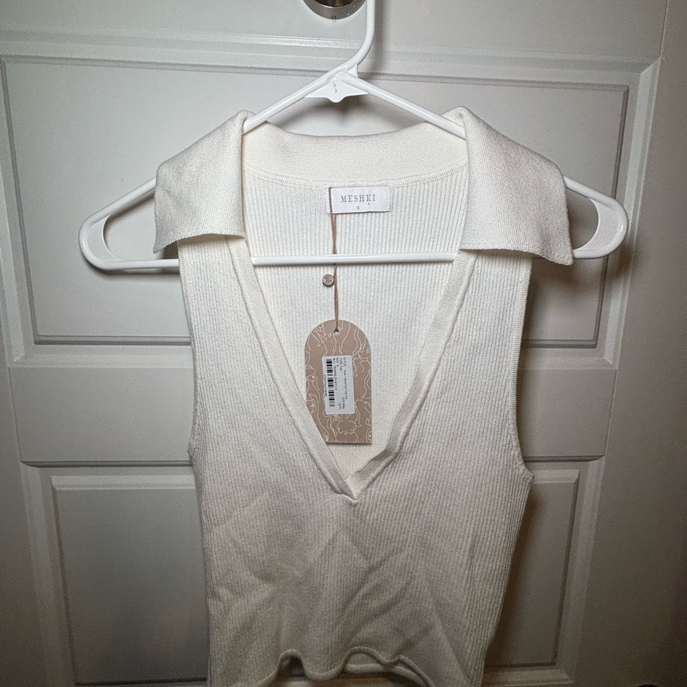 BNWT Meshki Viola Cream Sleeveless Cropped Fitted Knit Polo Tank Top Small